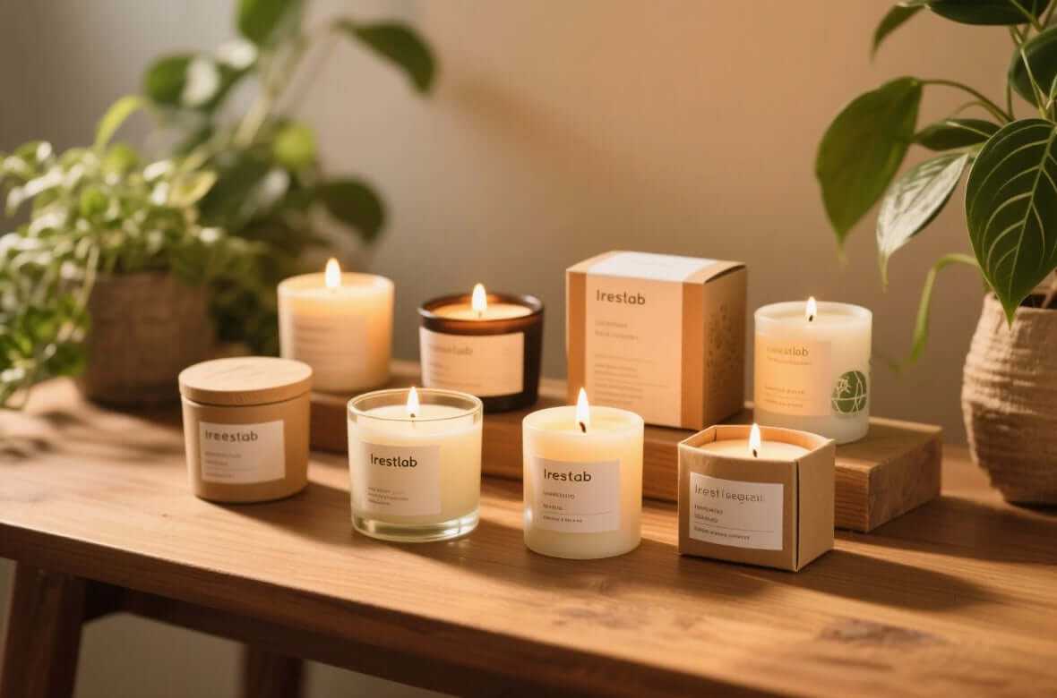 Assorted eco-friendly scented candles on a wooden table, creating a warm and inviting atmosphere.